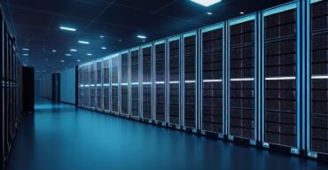 Server racks in computer network security server room data center. 3D render dark blue. Generative AI
